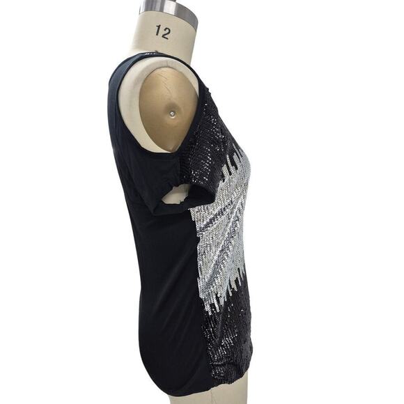 VTG INC international concepts Sequin front Cold Shoulder Top Black/Silver M - Picture 4 of 6